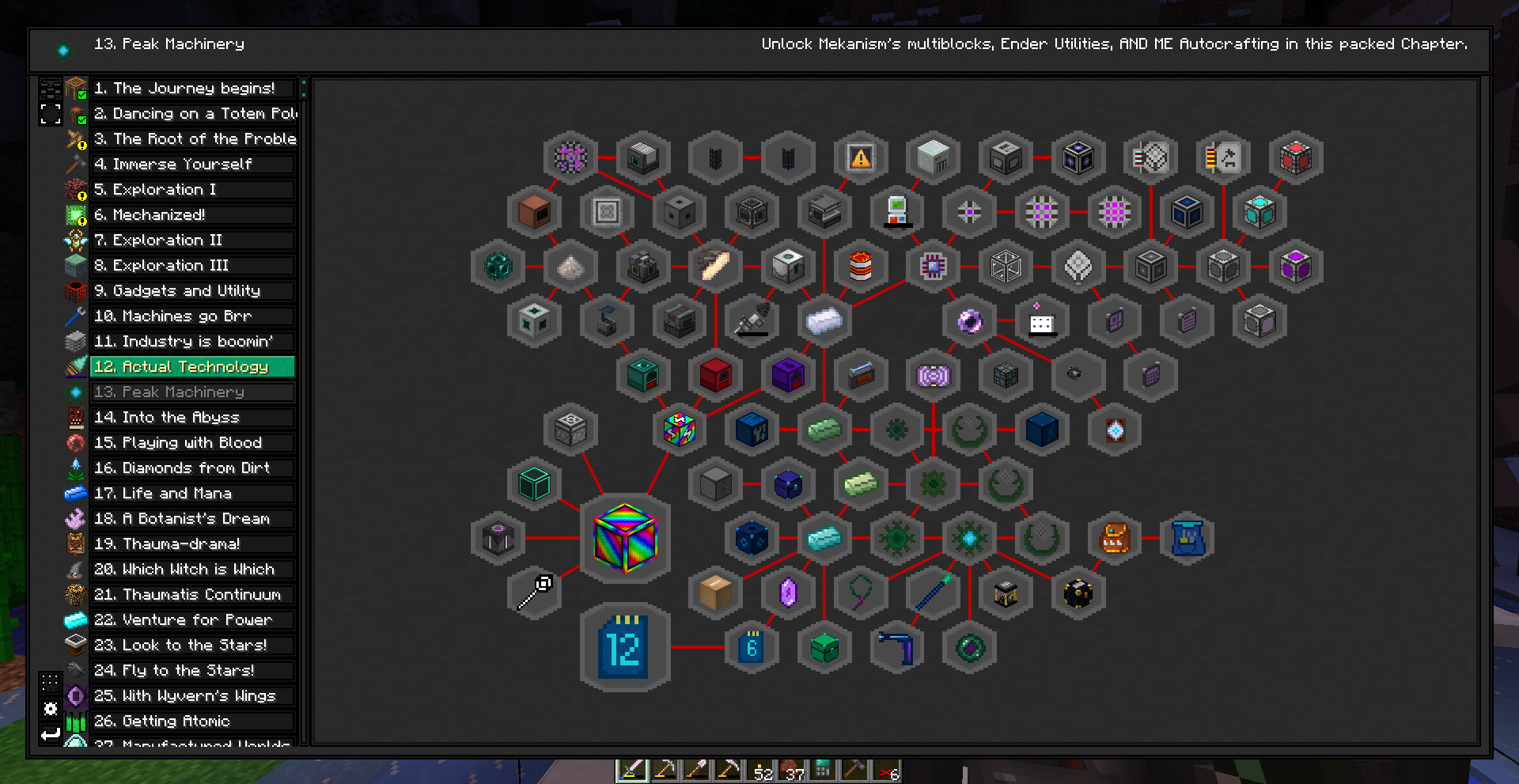 A screenshot of Divine Journey 2's quest line, with AE2 autocrafting related quests shown.